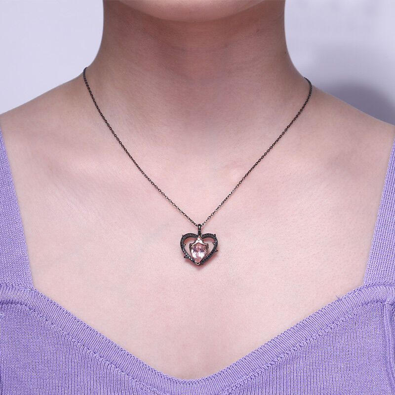 Jeulia Classic Pink Pear Cut Black Heart Necklace Sterling Silver