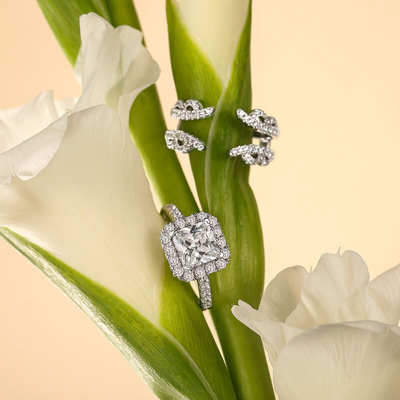 Jeulia Flower Leaf Halo Square Asscher Cut Engagement Ring Set