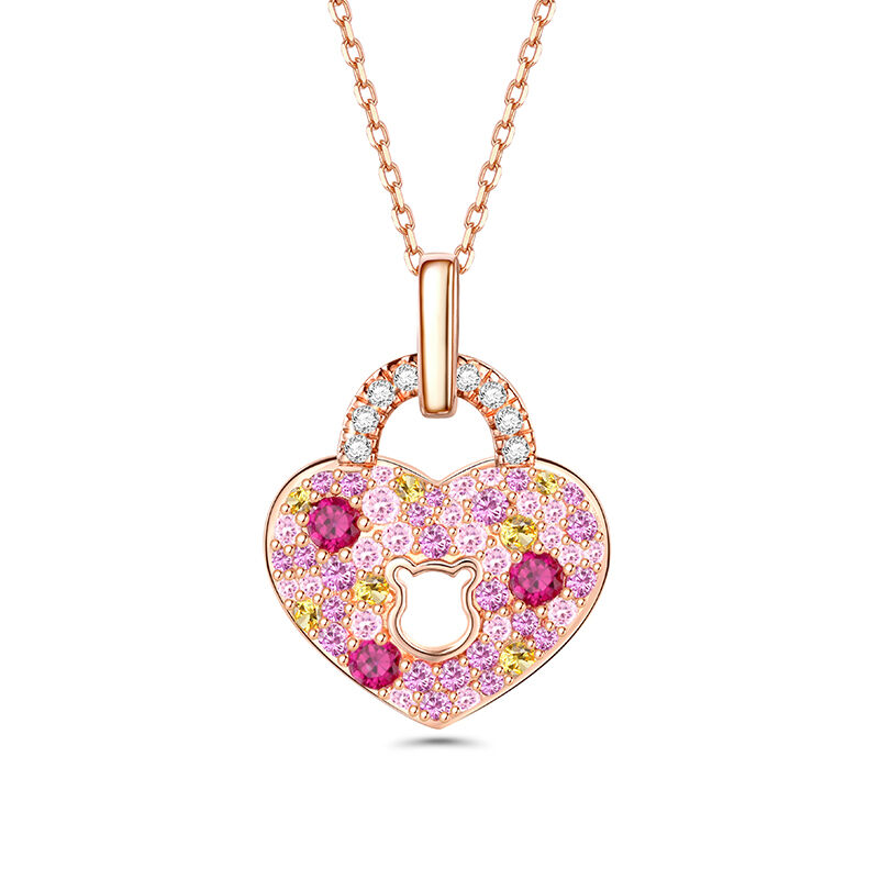 Jeulia Multi-color Heart Lock Bear Keyhole Sterling Silver Necklace