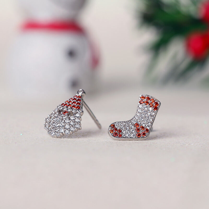 Jeulia "Santa Claus & Christmas Stocking" Sterling Silver Mismatched Stud Earrings