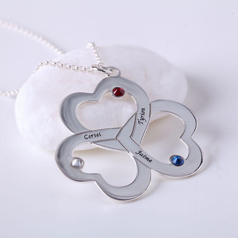 Jeulia Triple Heart Engraved Family With Birthstones Necklace Sterling Silver
