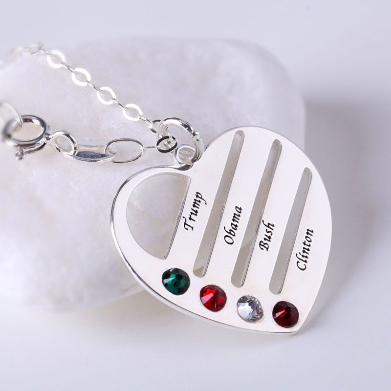 Jeulia Heart Shape Family Necklace with Birthstones Sterling Silver