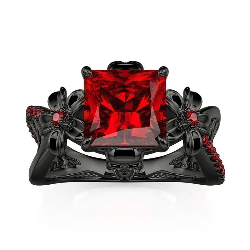Jeulia Floral Radiant Ruby Gothic Black Skull Ring Hollow Shank