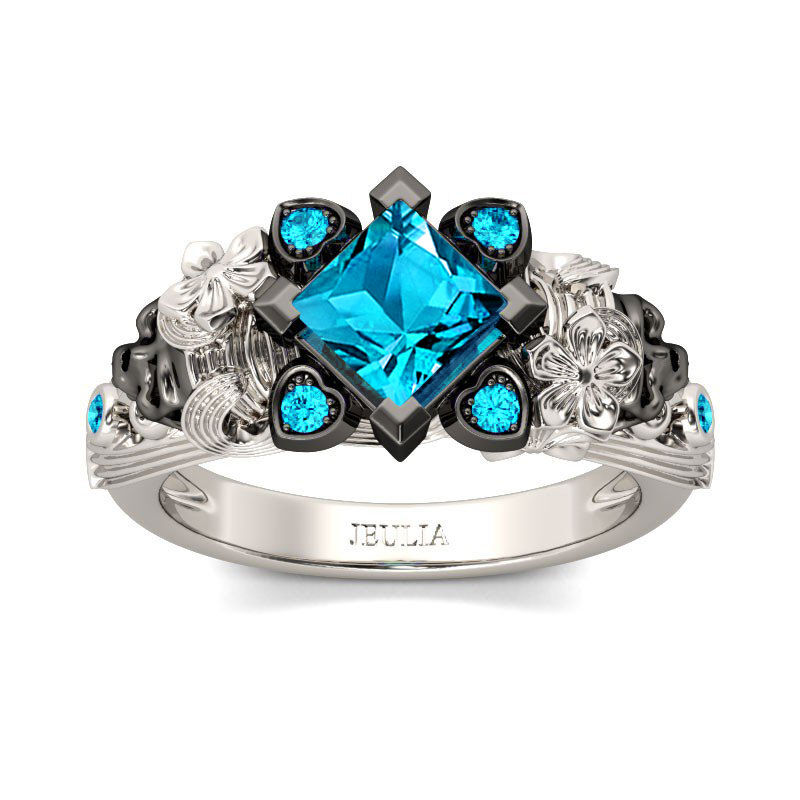 Jeulia Flower Design Princess Cut Sterling Silver Two Skull Ring