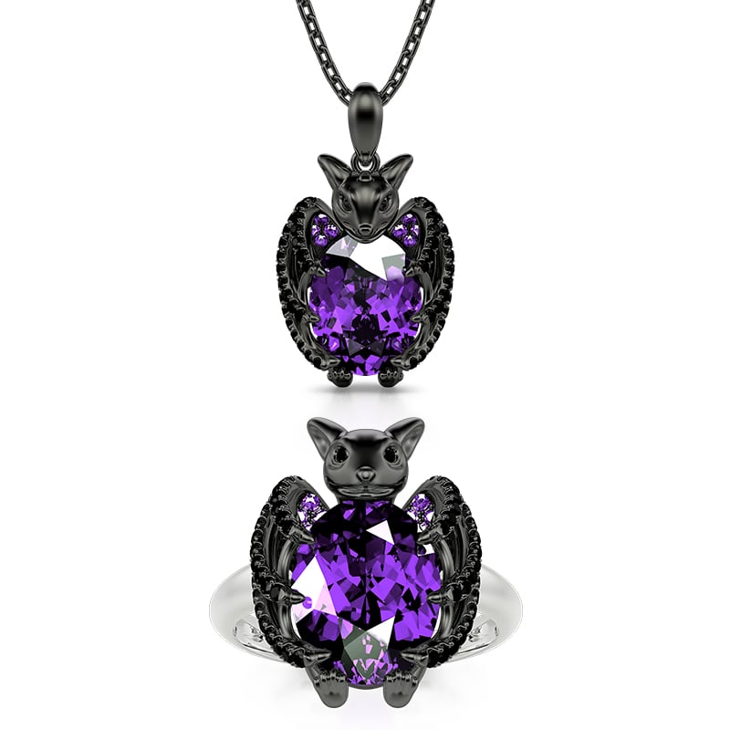 Jeulia "Kiss the Night" Black Bat Oval Cut Sterling Silver Jewelry Set