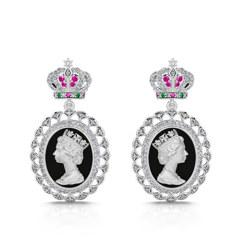 Jeulia "To Honour" Queen Elizabeth Portrait Black Enamel Sterling Silver Earrings