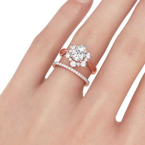 Jeulia Rose Gold Tone Halo Round Cut Sterling Silver Ring Set
