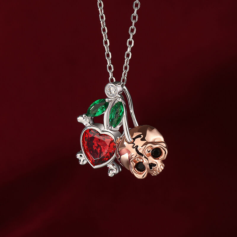 Jeulia "Sweet Cherry" Skull&Heart Sterling Silver Necklace