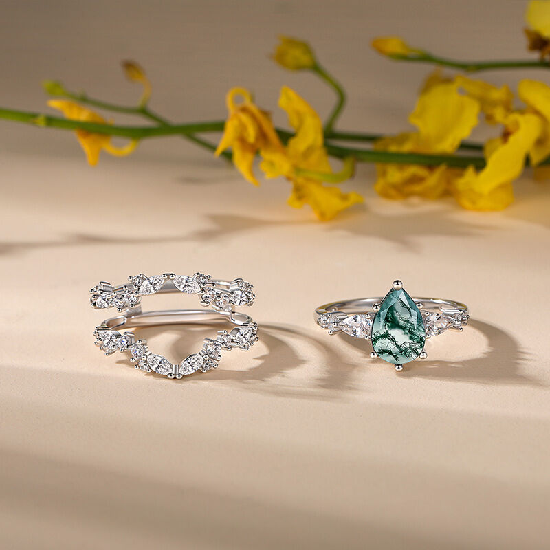 Jeulia Olivetta Juego de Anillos Corte Pera de Ágata Musgo