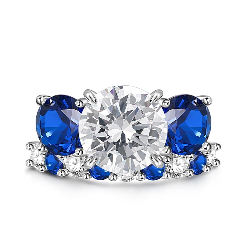 Jeulia Three Stone Engagement Ring Set Blue and White Interval Sterling Silver