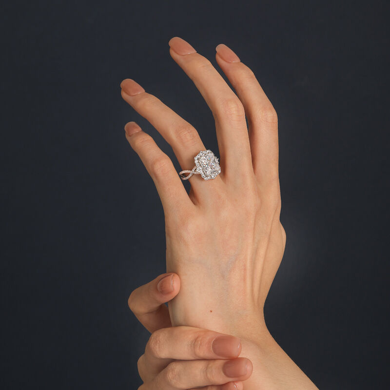 Jeulia Anello di Fidanzamento a Taglio Radiante con Alone e Torsione in Argento Sterling
