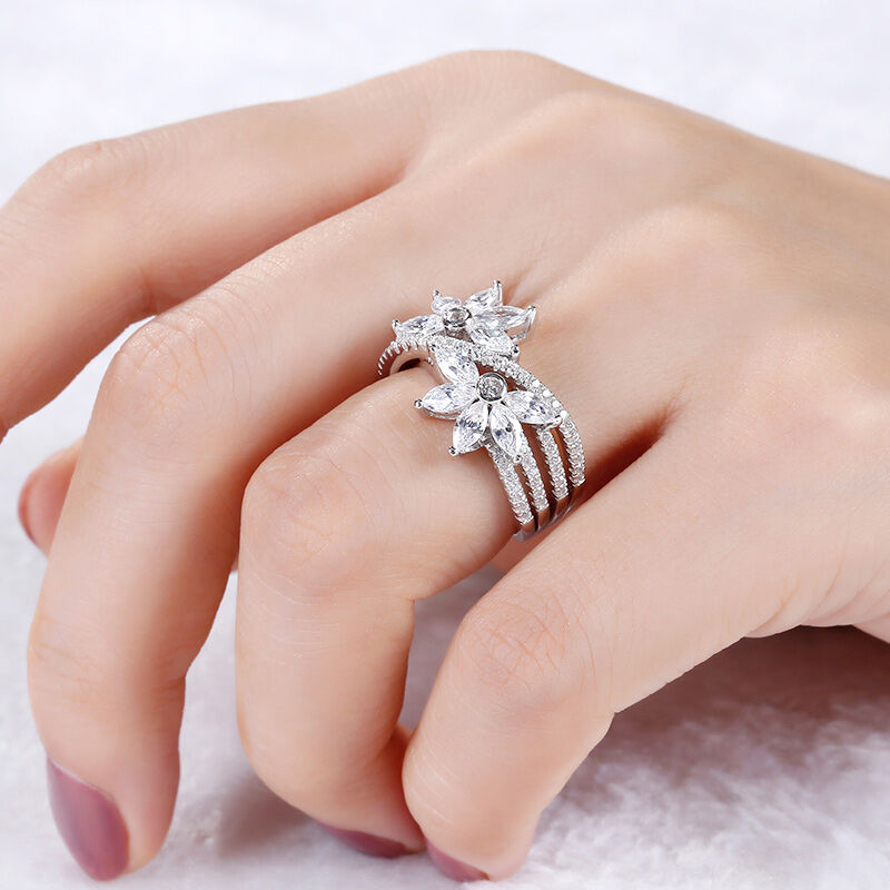Jeulia Split Shank Flower Round & Marquise Cut Sterling Silver Ring