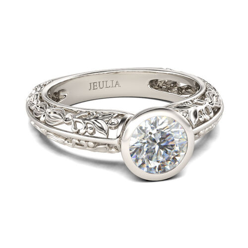 Jeulia Leaf Design Round Cut Sterling Silver Ring