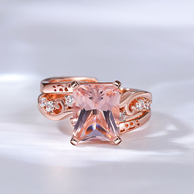 Jeulia Vintage Radiant Cut Synthetic Morganite Sterling Silver Ring Set