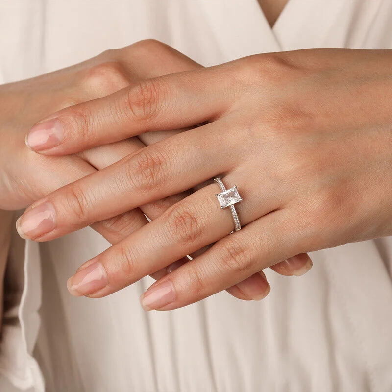 Jeulia Emerald Cut Sterling Silver Engagement Ring