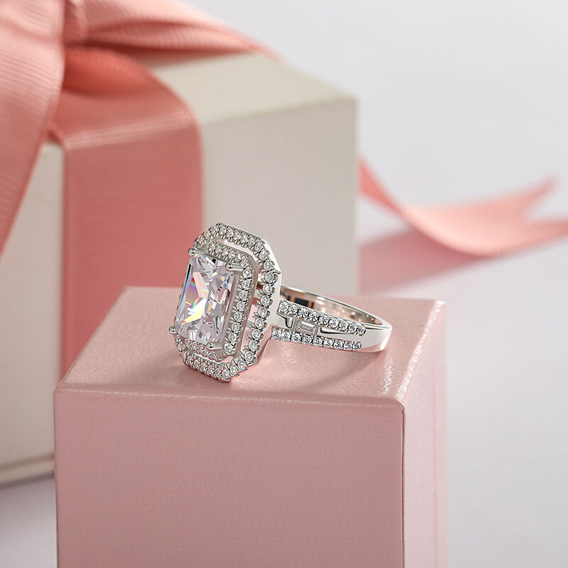 Jeulia Anillo de Compromiso con Doble Halo Hueco de Plata de Ley