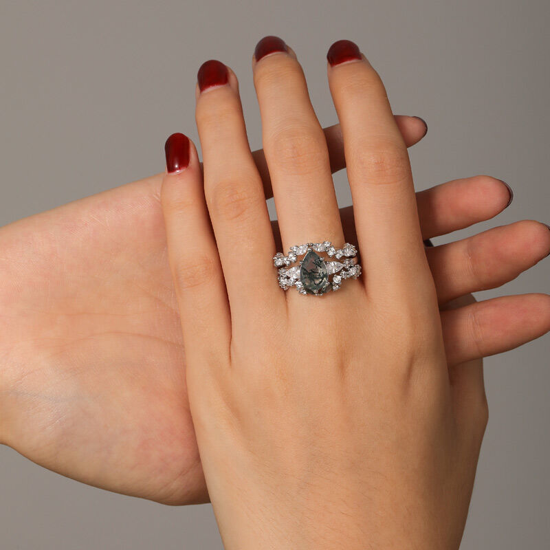 Jeulia Olivetta Juego de Anillos Corte Pera de Ágata Musgo