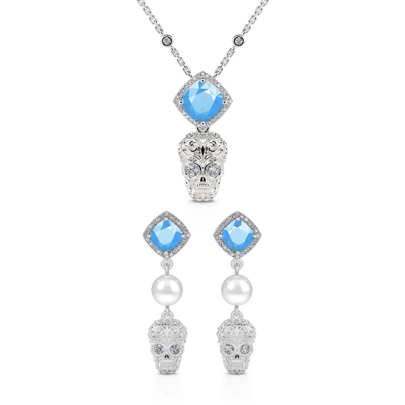 Jeulia "Departed Soul" Sugar Skull Sterling Silver Jewelry Set