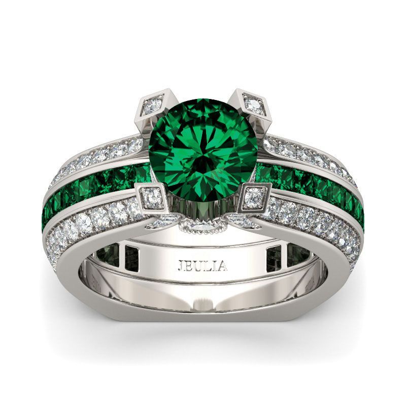 Jeulia Anello Set Intercambiabile Taglio Rotondo Smeraldo Verde In Argento Sterling
